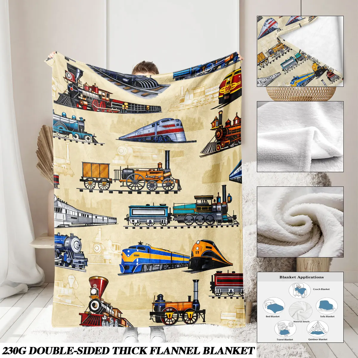 1pc Vintage Various Train Patterns 230g Flannel Blanket Multiple Sizes Soft Machine Washable Casual Sofa Nap Throw Blanket