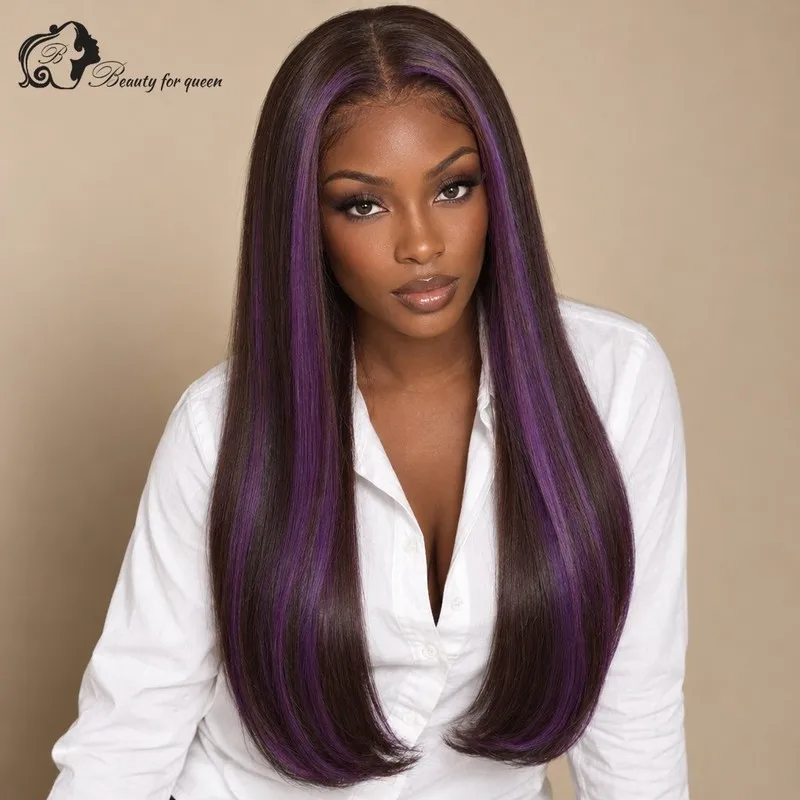 Ready Brown Violet Streak Ombre Human Hair Wigs Bone Straight Mid Length Bleached Knots Wear And Go Brazilian For Lady Occasion