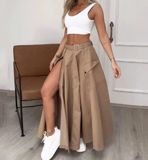 Two Piece Set Women Outfit Summer Fashion U-Neck Sleeveless Solid Color Crop Vest & Casual High Waist Zipper Slit Skirt Set