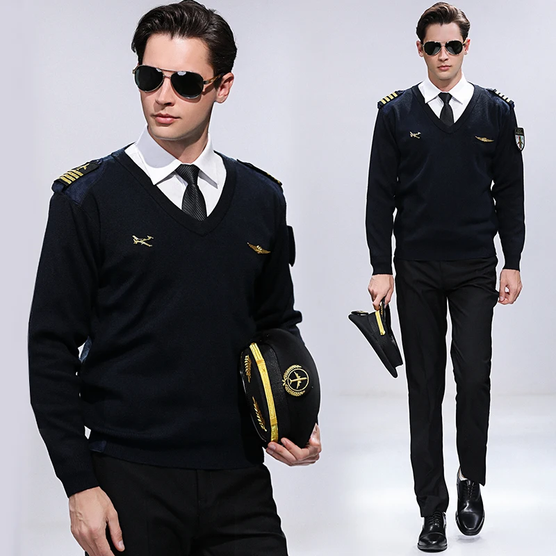 Suéter de uniforme de piloto, traje de vuelo de lana de imitación, chaleco de lana con cuello en V de capitán, uniforme de aviación de invierno