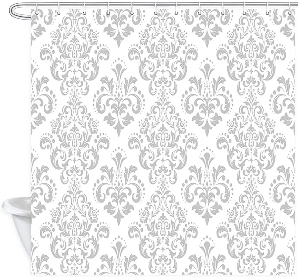 Damask Flower Shower Curtain Simple White and Grey Floral Ornament Polyester Fabric Bath Bathroom Curtains Set with Hooks