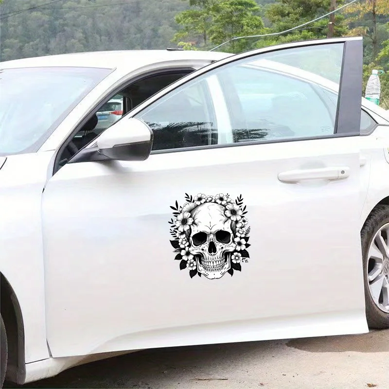 

1Pc Skull Wreath Pattern Waterproof Vinyl Sticker, Black White Durable Decal for Car Motorcycle Helmet Body Decor