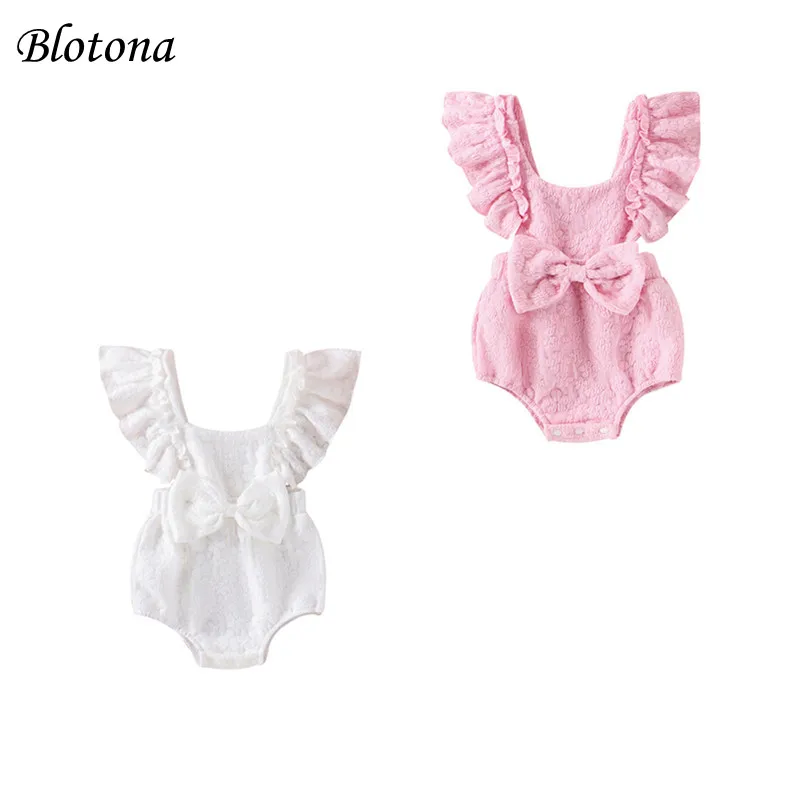 

Blotona Infant Baby Girl Summer Romper Solid Color Flower Flying Sleeve Scoop Neck Bow Jumpsuit 0-18Months