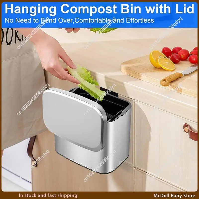 

ABJA-Hanging Stainless Steel Compost Bin 1.05 Gallon Wall Mounted Trash Can With Lid, Kitchen Cabinet Door Sink Garbage Can Dura