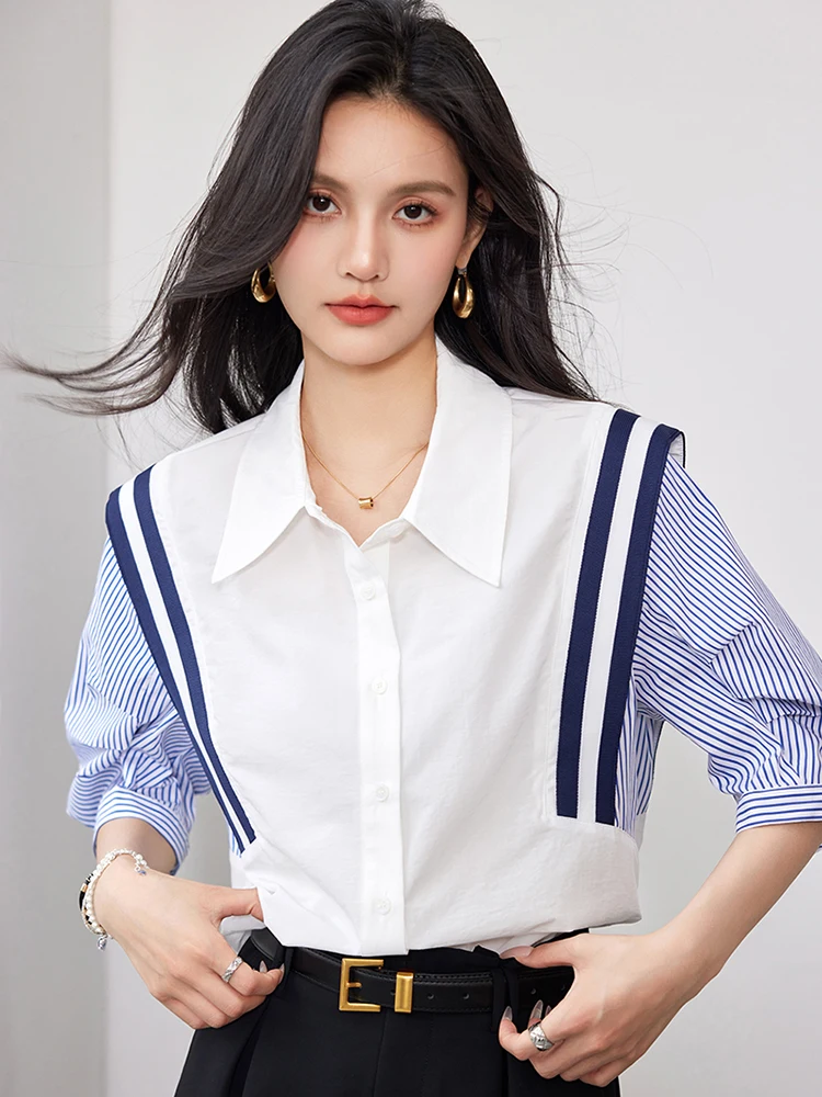 

French Elegant Office Lady Shirt Female 2026 Spring Striped Contrasting Color Long-Sleeved Temperament Slim Top Fashion Blouse