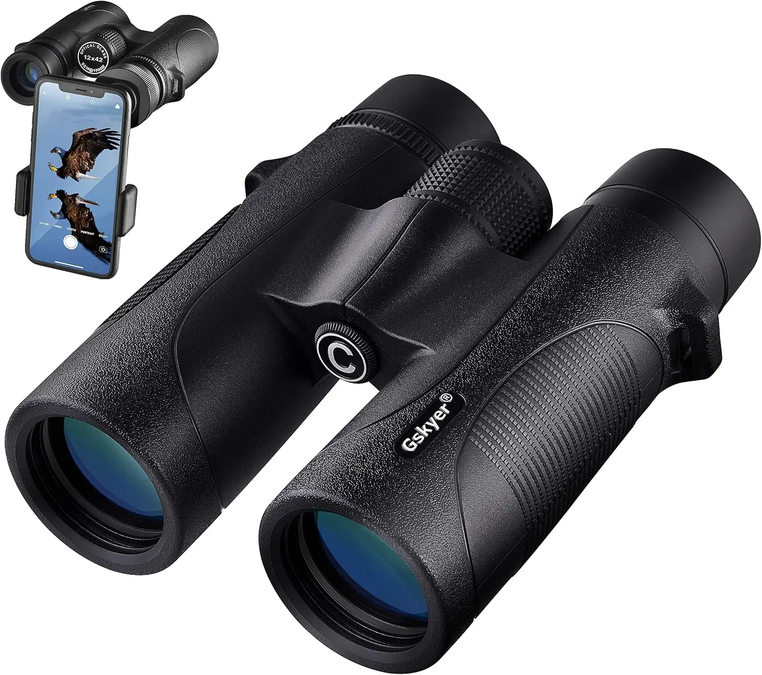 Adults High Powered: 12x42 HD Zoom Binocular for Bird Watching Hunting - Powerful Lightweight Waterproof Binoculars with Phone A