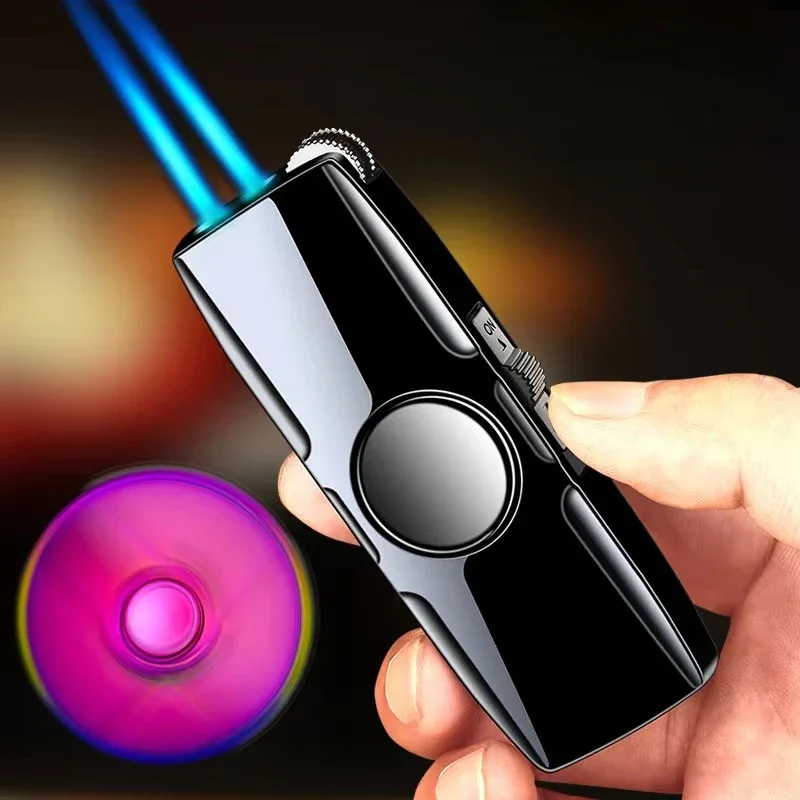 Metal Fidget Spinner Cool Lighter Windproof Blue Flame Nozzles Turbo Torch Jet Lighter Gas Butane Cigar Cigarette Spray Gun