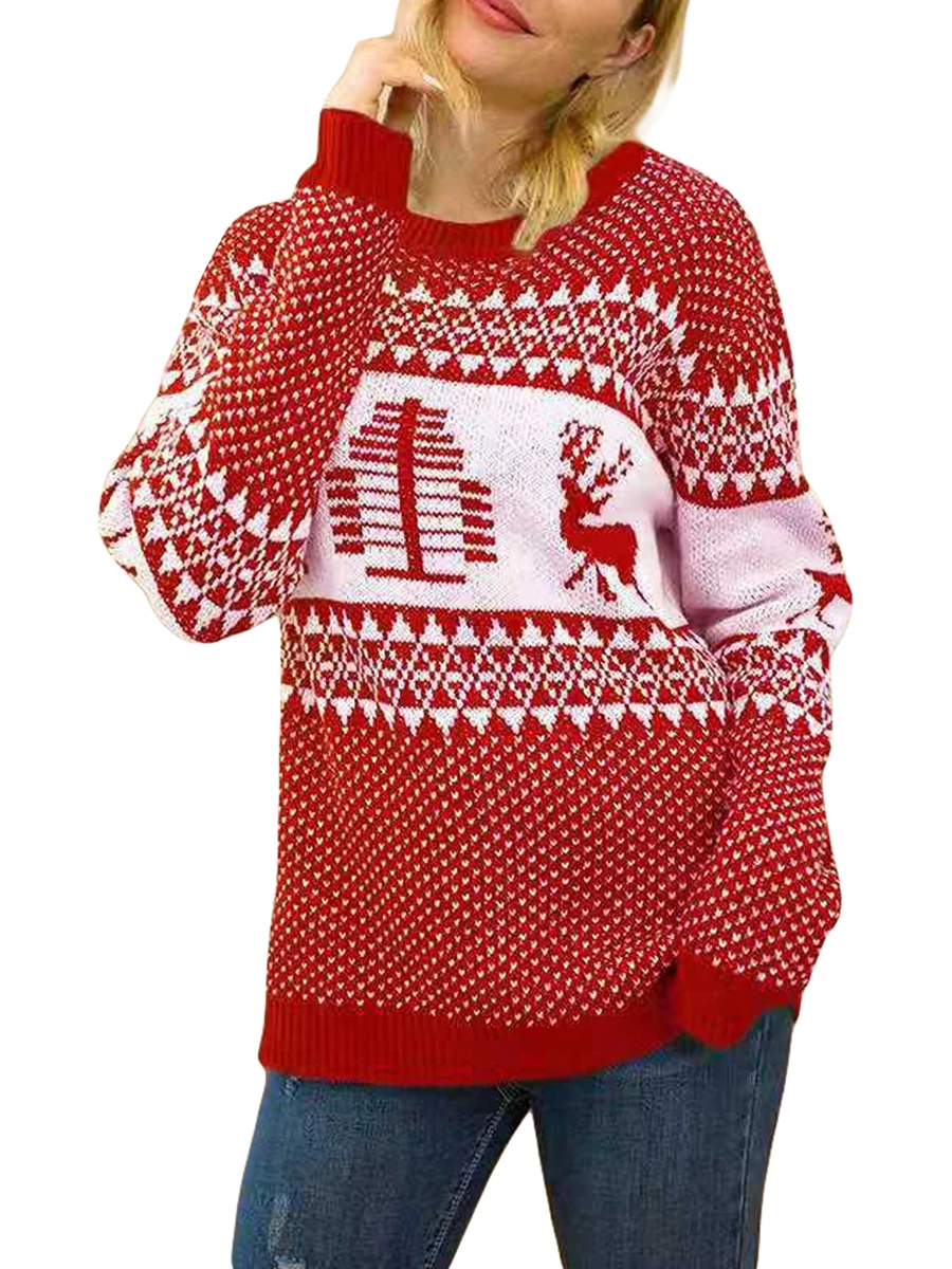 

Women's Christmas Sweaters Long Sleeve Round Neck Reindeer Geometric Print Pullover Casual Knit Tops