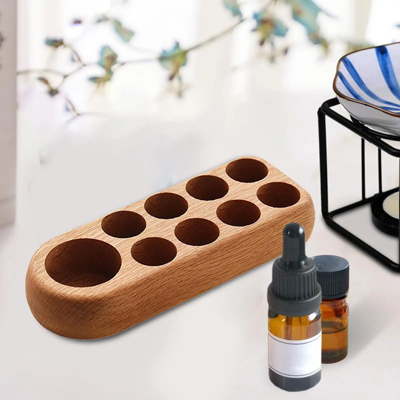 Wooden Essential Oil Display Stand for 5ml 10ml Bottle 9 Holes Cosmetic Organizer Rack Rectangle Organizer 1 Tier Hard Wood