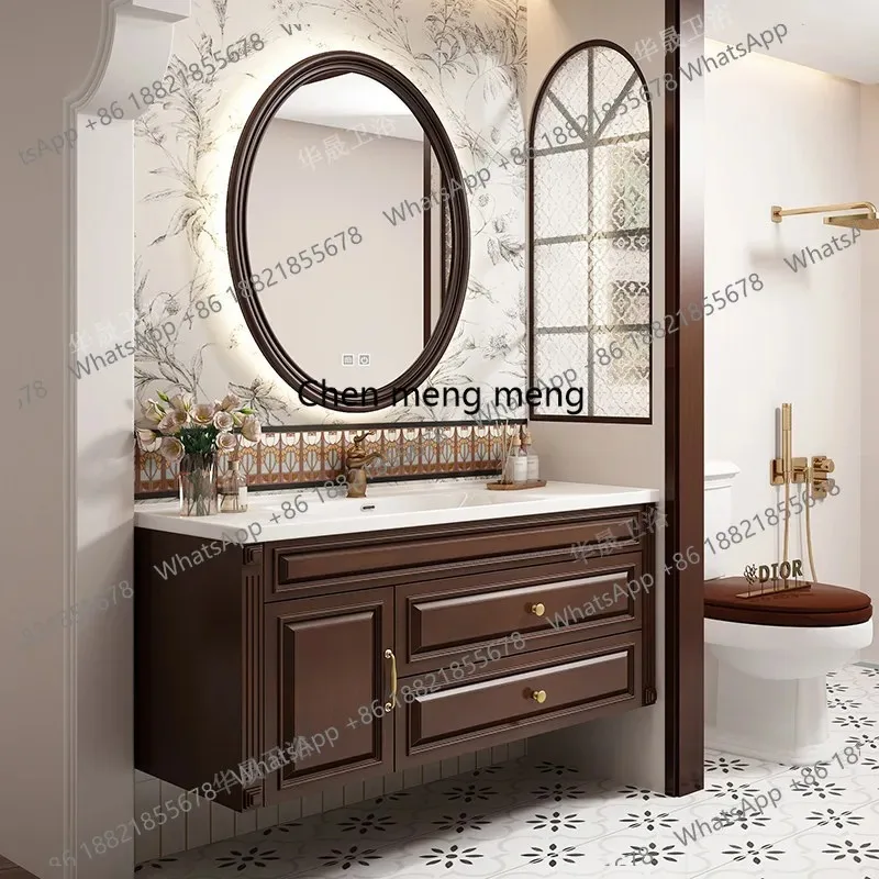 

K153 American retro solid wood bathroom cabinet combination wall-mounted ceramic mirror cabinet washbasin washbasin