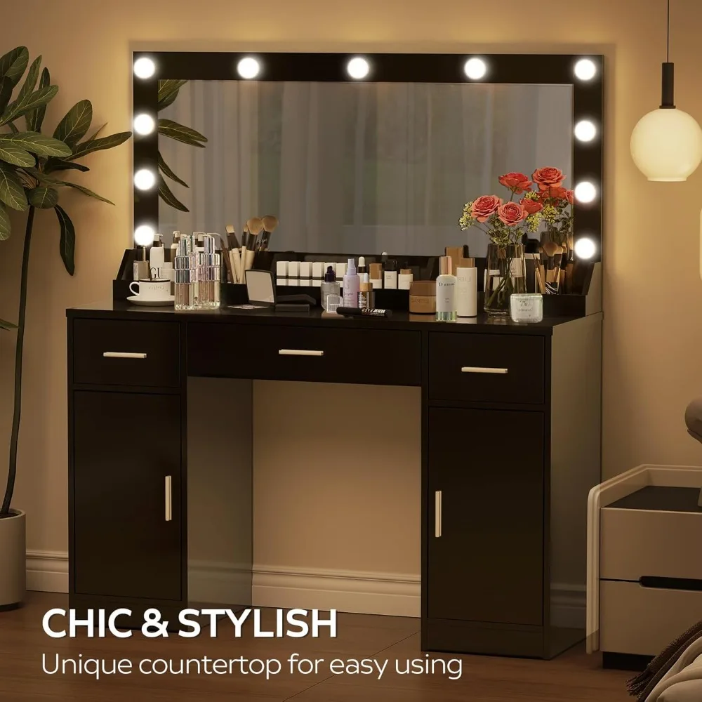 47.5” Vanity Desk with Large Mirror, 3 Colour Lighting Modes, Adjustable Brightness,Dresser with 3 Drawers & 2 Vertical Cabinets