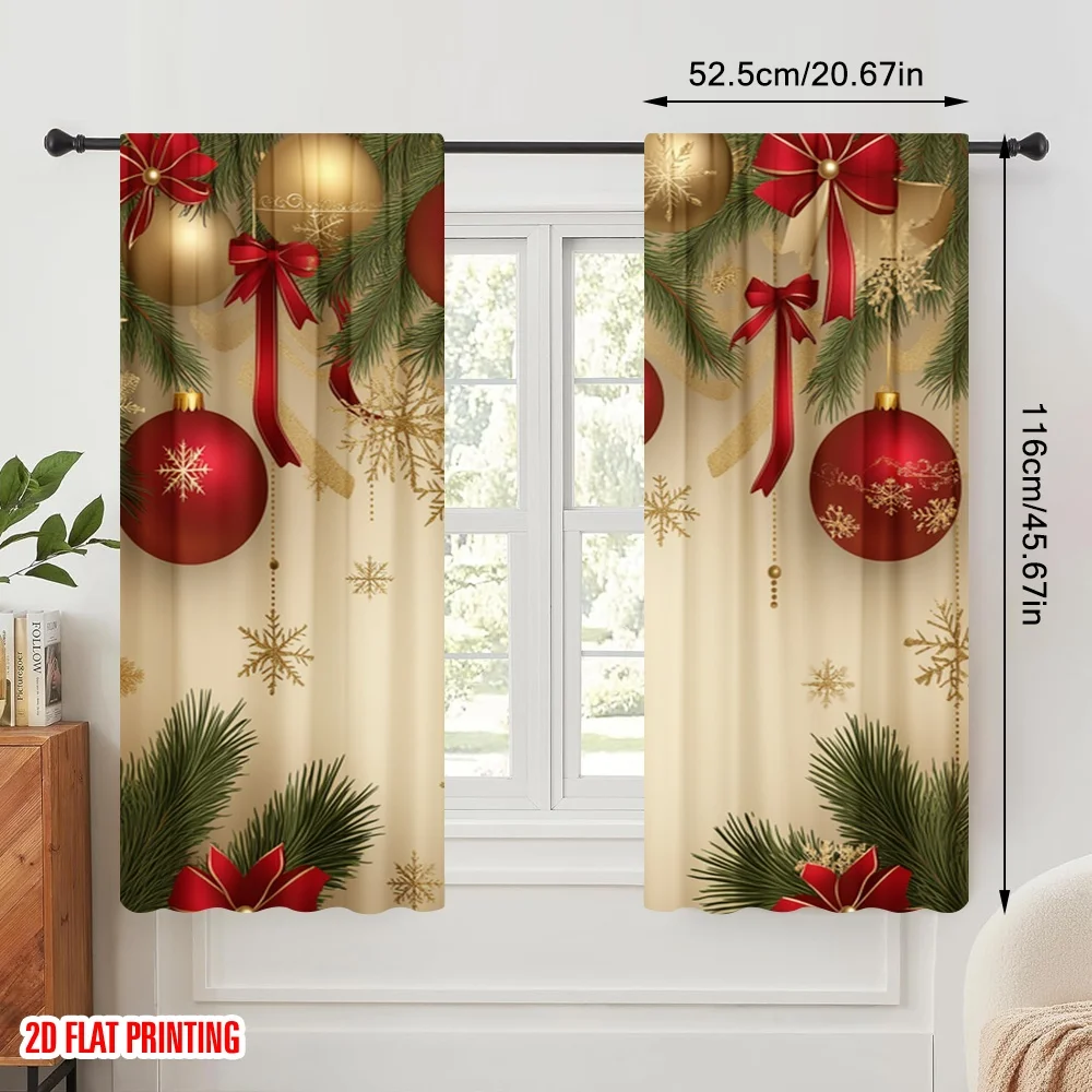 2pcs,2D plane printing Print Curtains Christmas Baubles Fir Branches Snowflakes (3) Polyester Woven (without rod) Gifts Ldeal