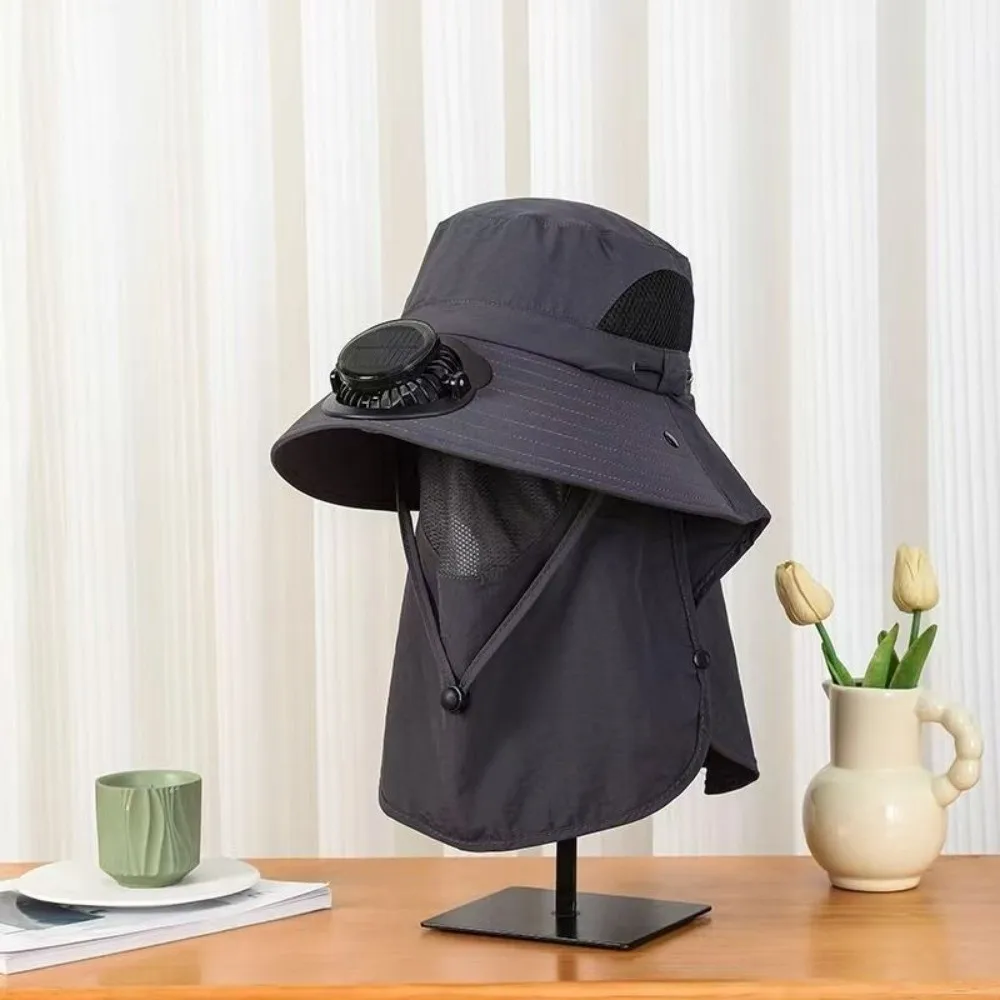 Portable Solar Rechargeable Fan Hat Adjustable Long-lasting Fishing Sun Shading Hat with Face Cover 1000mA Wide Brim Fan Hat