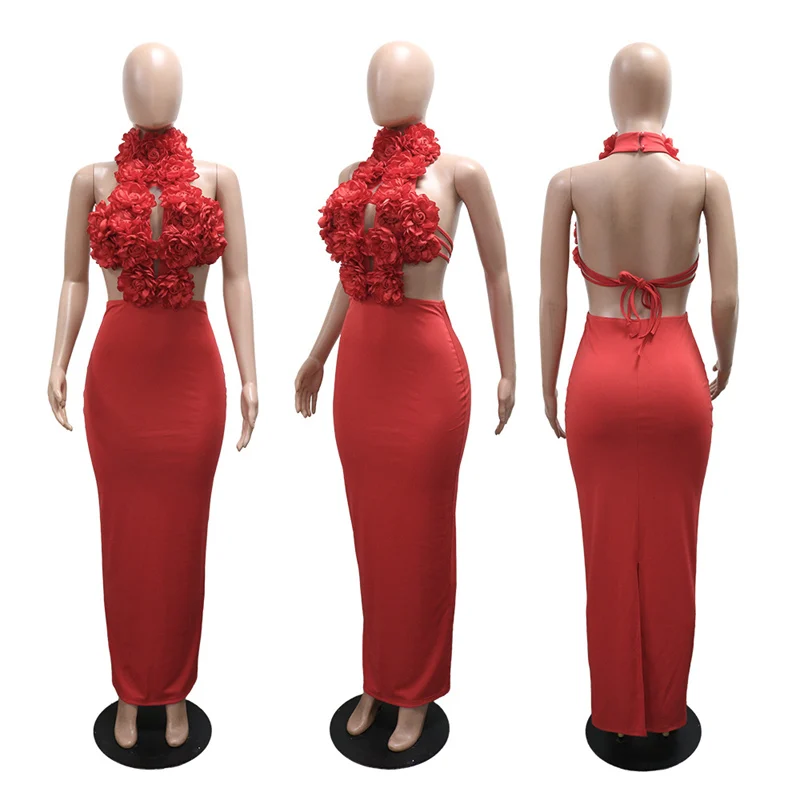 Sexy Floral Halter-Backless Geburtstag Party Lange Kleider Frauen Abend Nachtclub Bandage Cut Out Hohe Taille Split Prom Maxi Kleid