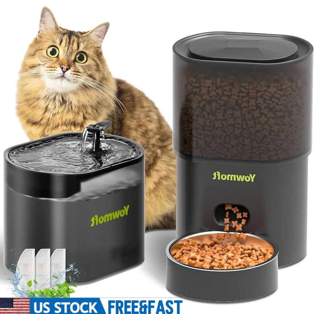 

Automatic Cat Feeder Fountain 3L Timed Dry Food Dispenser 10 Portions 1-4 Meals Auto Feeder Water Freshness Locking Base