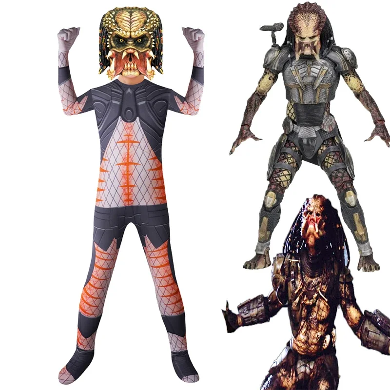 Movie Alien Vs. Predator Cosplay Costume Child Bodysuit Boys Zentai Halloween Predator Cosplay Jumpsuit with Mask Horrible Suit