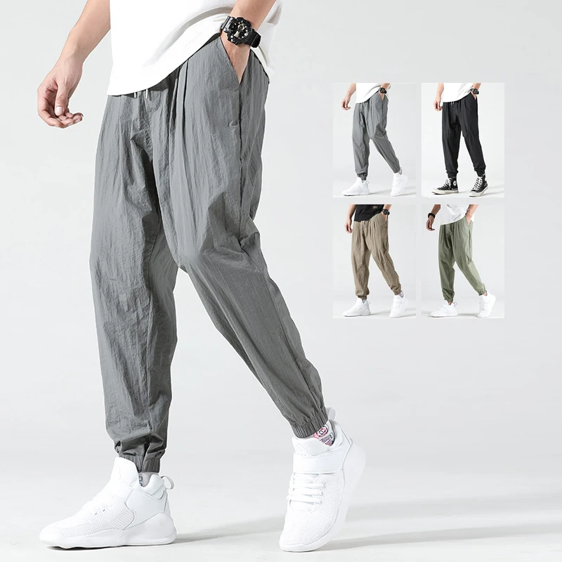 Sommerliche, dünne Herren-Haremshose, locker geschnittene, schmal zulaufende Hose mit gerafften Knöcheln, lässige, geknitterte Freizeithose für Herren, Übergröße, City Boy Y2K
