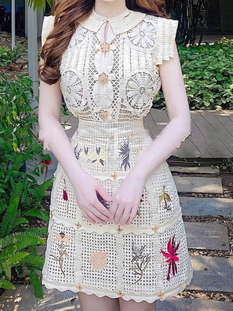 Woman Two Piece Set Women Clothing Elegant Embroidery Lace Single-breasted Summer Sleeveless Top Shirt + High Waist Skirt Set