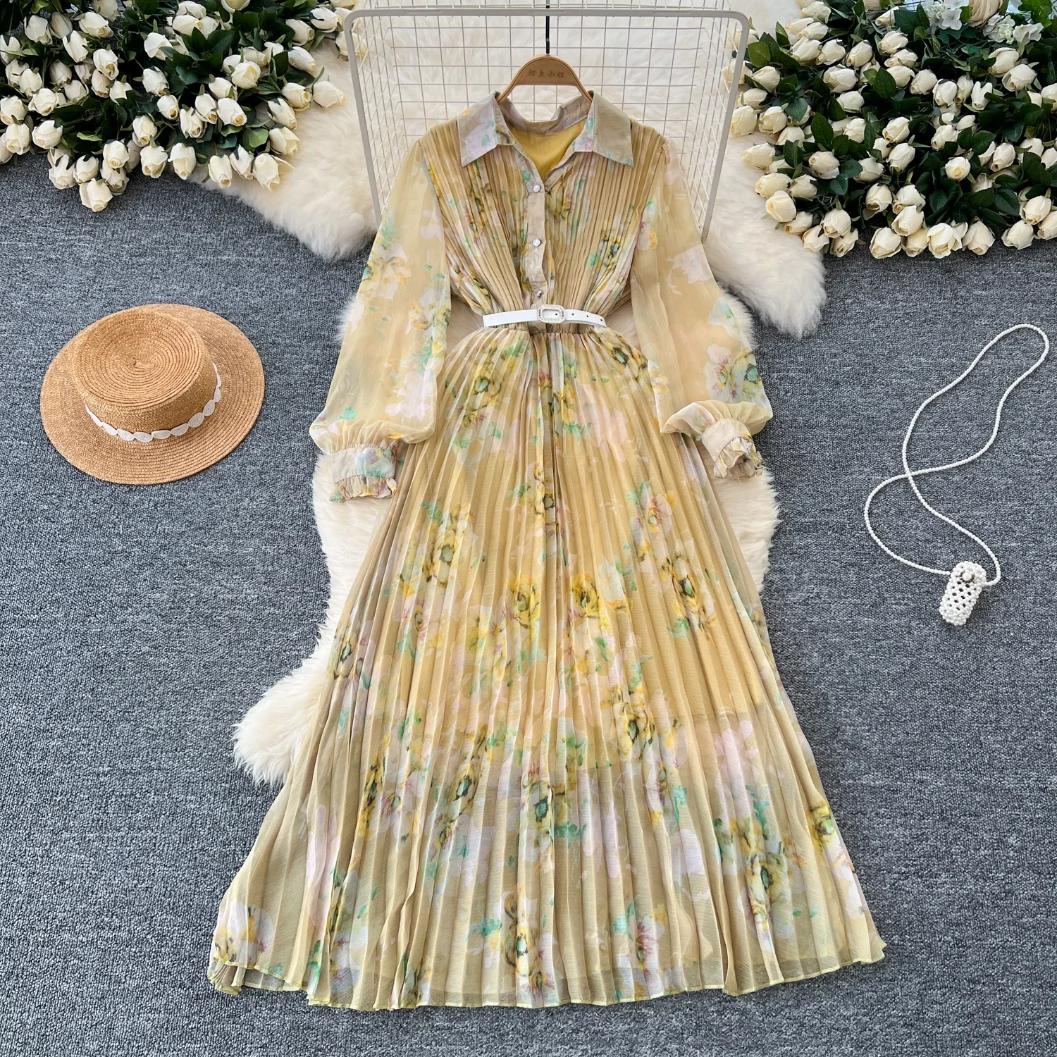 French Vintage  Elegant Lapel  Lantern Sleeve Print Single Breasted Pleated  Dress Women Basics Fashion Summer Spring Dresses