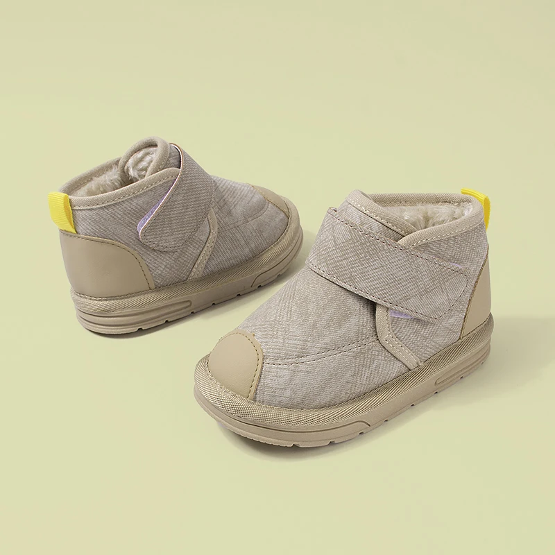 Winter Beige Brown Waterproof Toe Guard Kids Snow Boots Warm Fleece Leather Upper Anti Dirt Soft Sole Retro Patchwork Fashion Ou