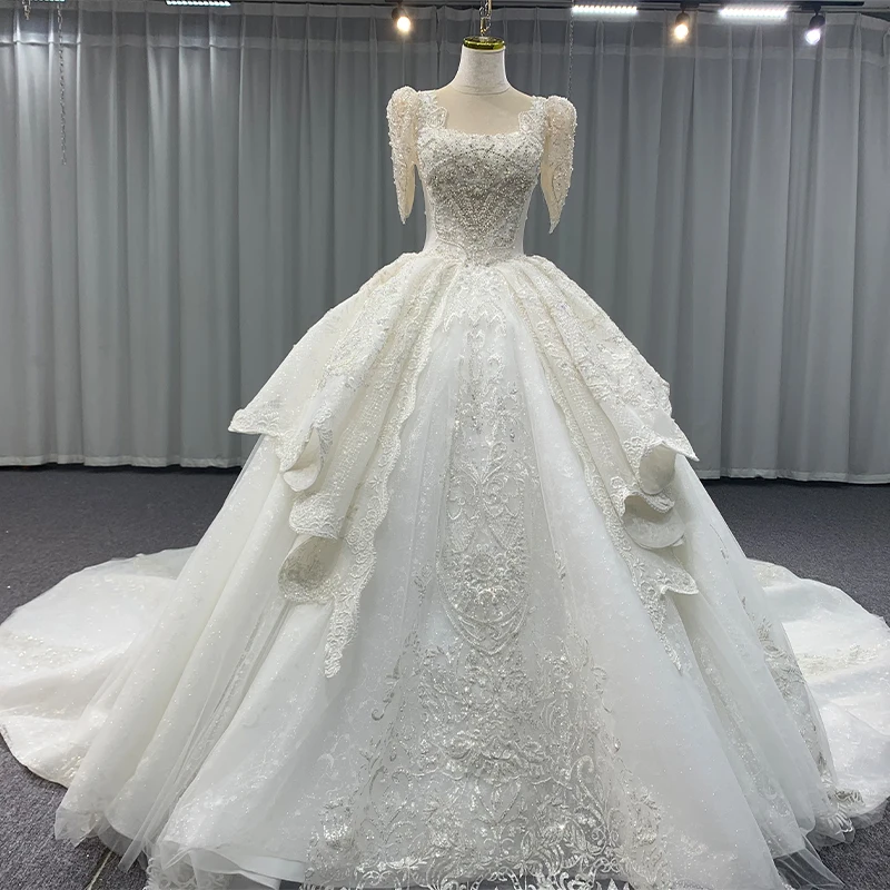 Aangepaste lange damesjurk voor bruiloft organza baljurk vierkante kraag trouwjurken voor vrouwen kralen MN198 Robe De Mariée