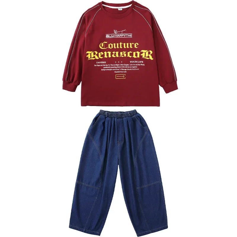 Kind Kpop Hip Hop Kleidung Grün Rot Buchstaben Sweatshirt Denim Blau Baggy Jeans Hosen für Mädchen Junge Street Dance Kostüme Kleidung