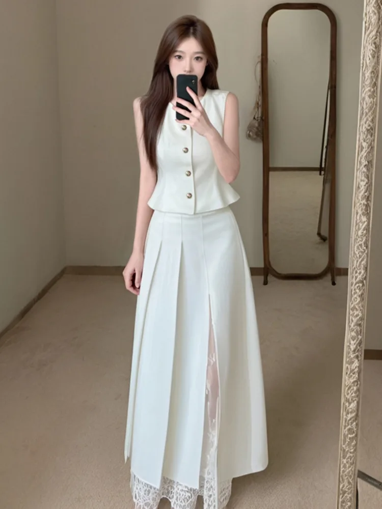 

Summer Small Fragrance Two Piece Set Women Korean Fashion OL Shirt Top + Pleated Long Skirt Suits French Vintage 2 Piece Outfit
