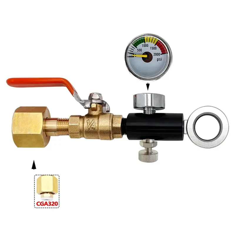 PHFU-Soda Water CO2 Refill Adapter Ball Valve& Gauge(2Kpsi) For Sodastream Quick Connect Cylinder- DUO Art Terra Charging