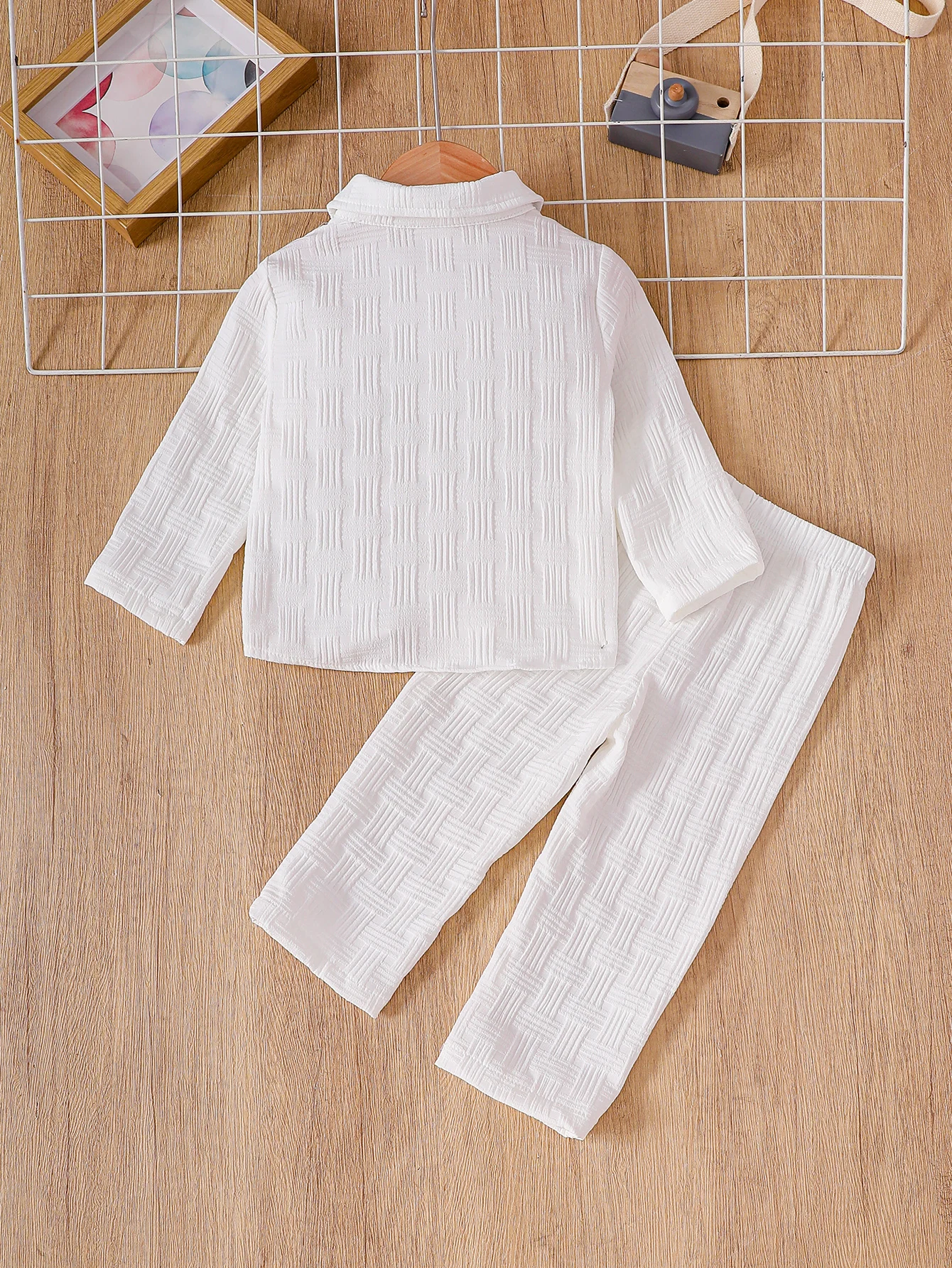 Baby Toddler Pure Color Texture Two-Piece Set Button-Up Long Sleeve Shirt with Cuff + Elastic Waist Pants Ensemble