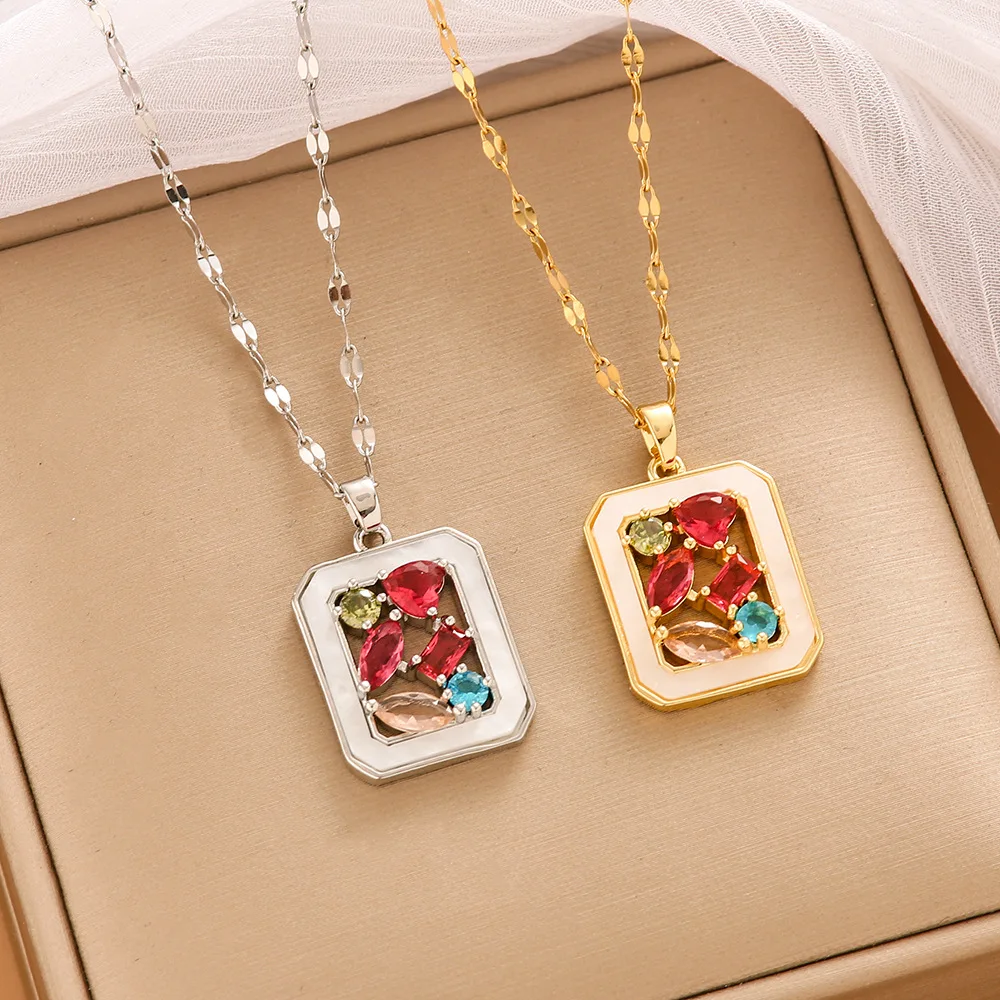 

Zirconium square pendant necklace, Bohemian-style titanium steel collarbone chain for women