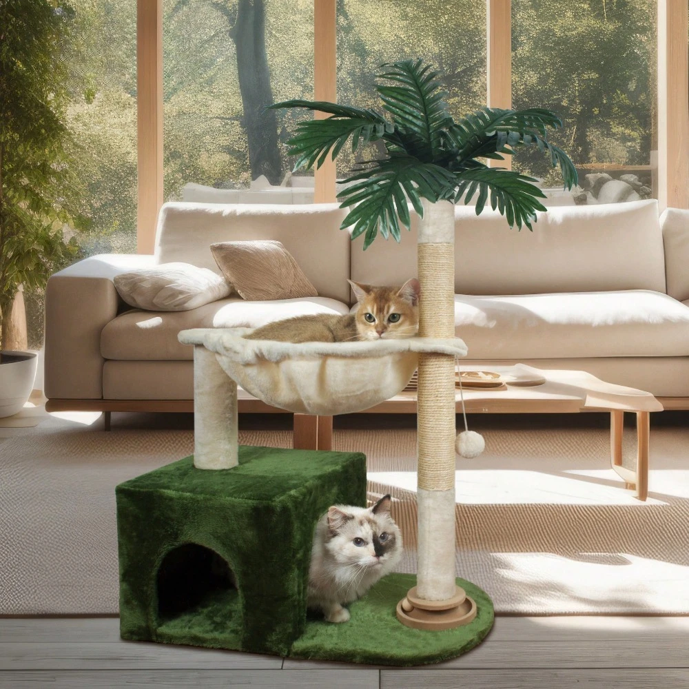 

38" Cat Tower With Large Hammock Metal, Cat Scratching Post For Indoor Cats With Condo, Cat Playground Track Balls