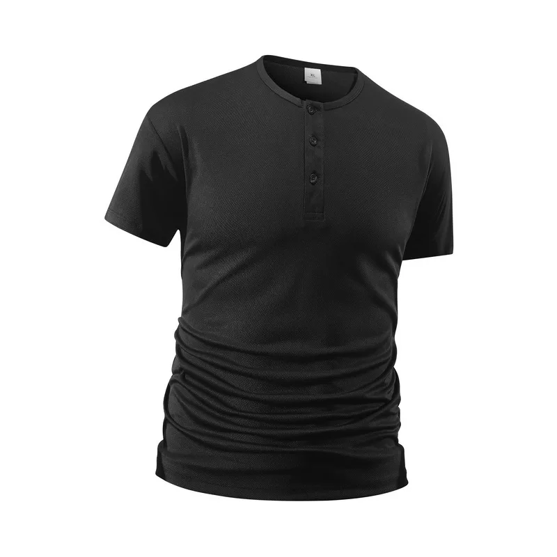 Summer Men's Solid Color Fitness Casual Mesh Henley Neck Shirts Short-Sleeved Men Slim Fit Quick Dry Training Running T-Shirts view 3