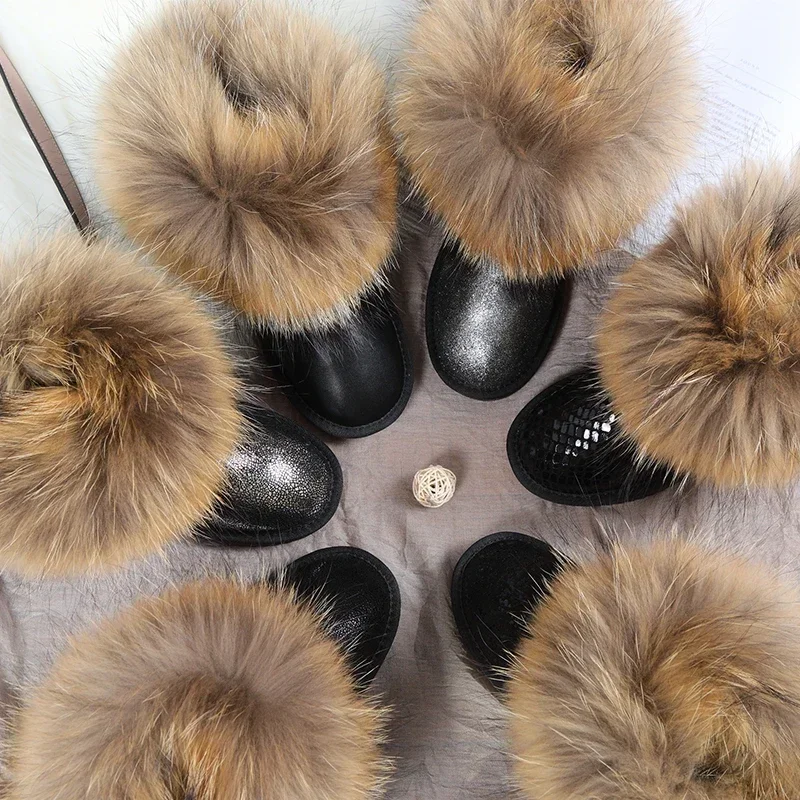 fox fur snow boots women\'s short boots winter genuine cowhide non-slip cotton shoes