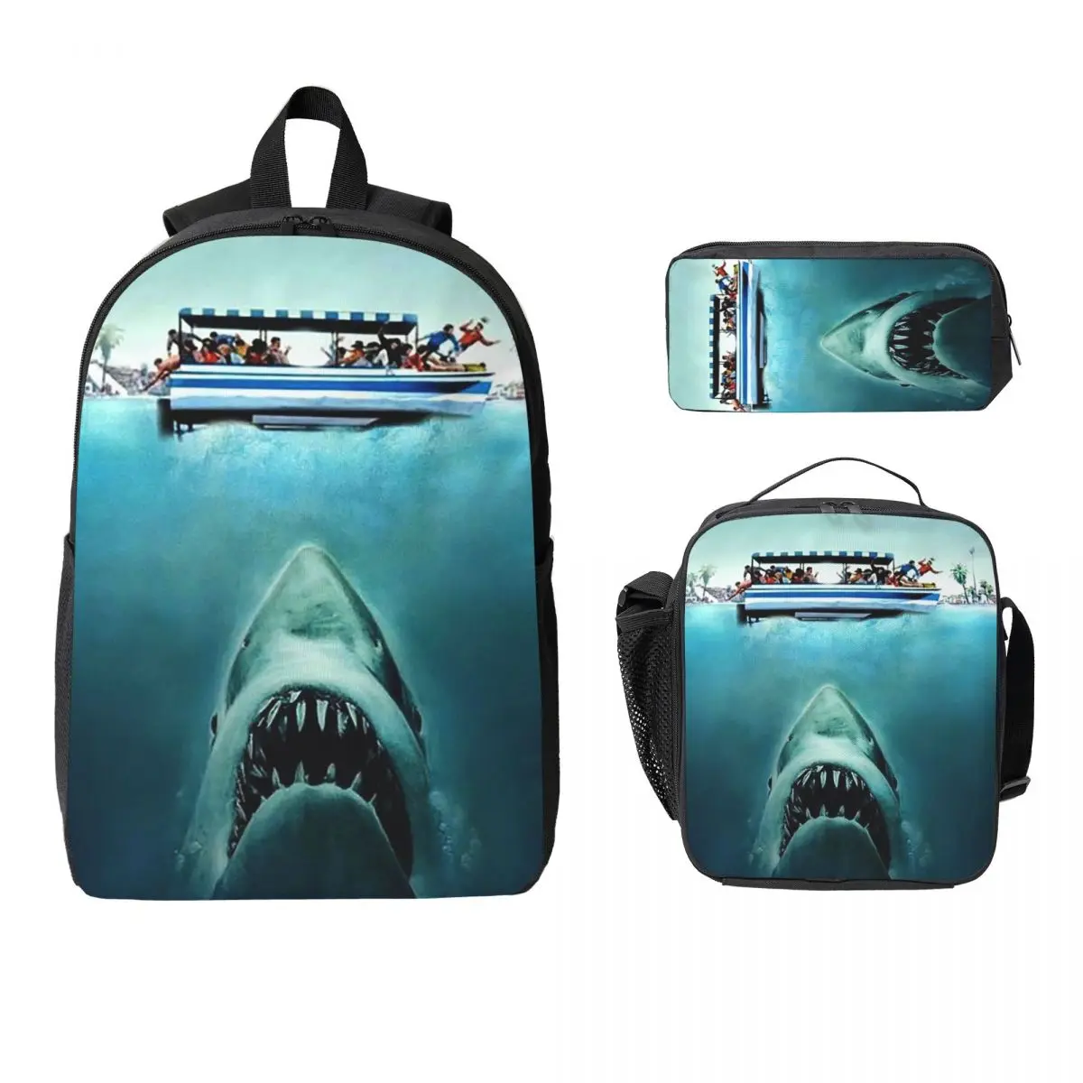 

Рюкзак из фильма ужасов Jaws, студенческая сумка для книг для мальчиков и девочек, школьная сумка, сумки на плечо для ноутбука, изолированная сумка для обеда 3 шт., пенал