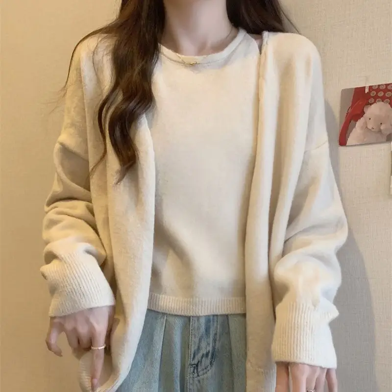 

Elegant Simple Loose Lazy Style Knitted Cardigan Camisole Two-piece Set Korean Casual Wear Sweater Set