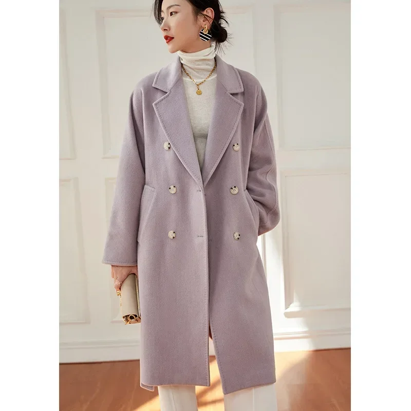 

Cashmere coat women's medium and long horn buckle thickened wool woolen coat vertical velvet