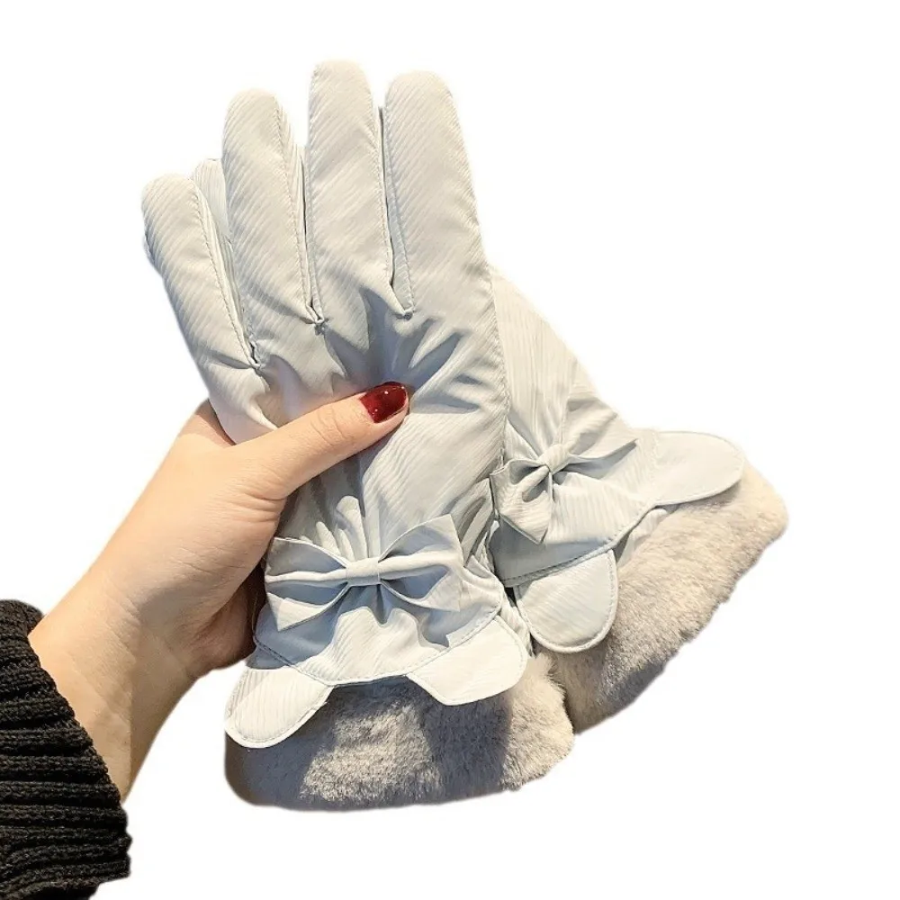 Durable Polyester Fleece Lined Winter Thermal Gloves Waterproof Warm Cold Weather Gloves Bow Decor Windproof Gloves For Cycling