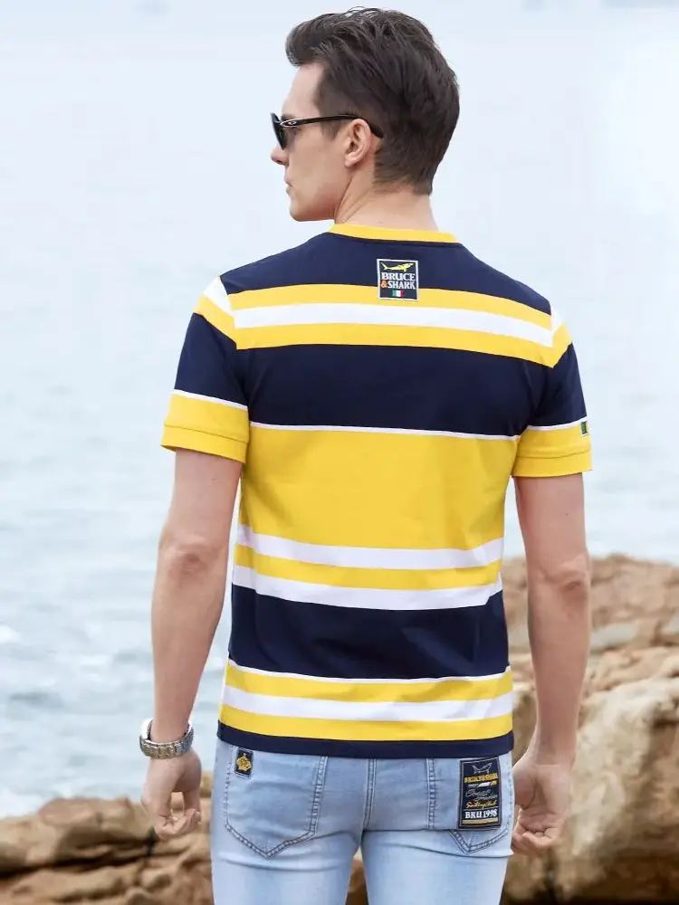 New Summer Men\'s T Shirt Round Striped Bruce&Shark Loose Fashion Causal Men\'s Tees Super Qualiy 97%Cotton 3%spandex big size 4XL