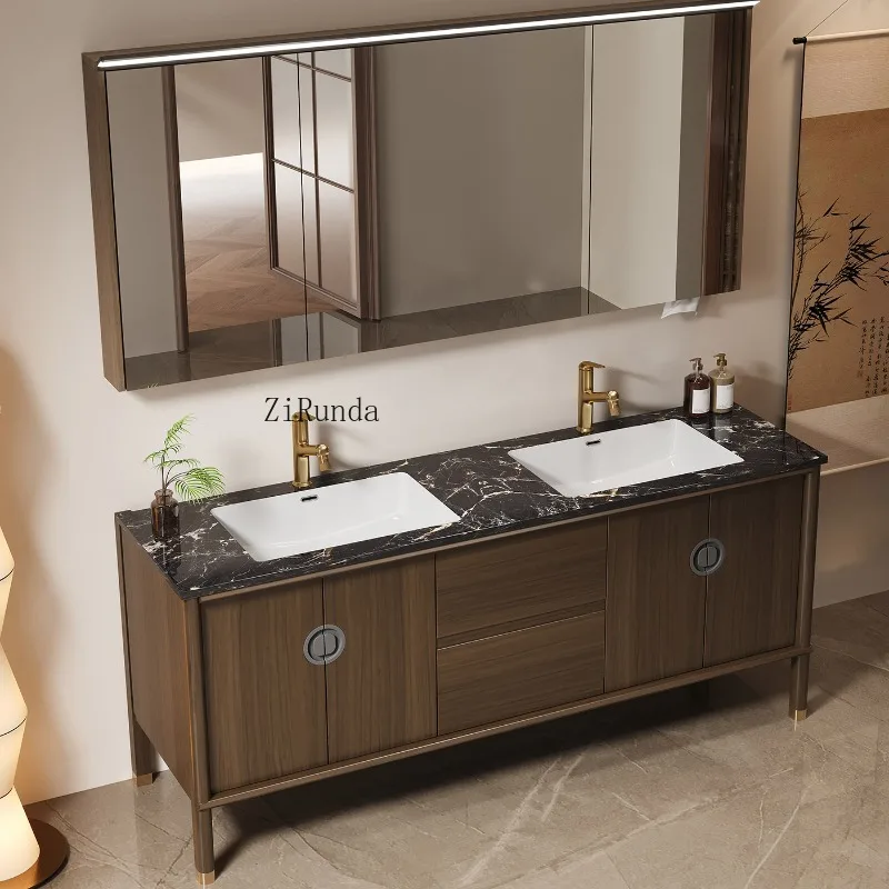 New Chinese luxury stone ceramic seamless basin double basin floor large size bathroom cabinet view 4