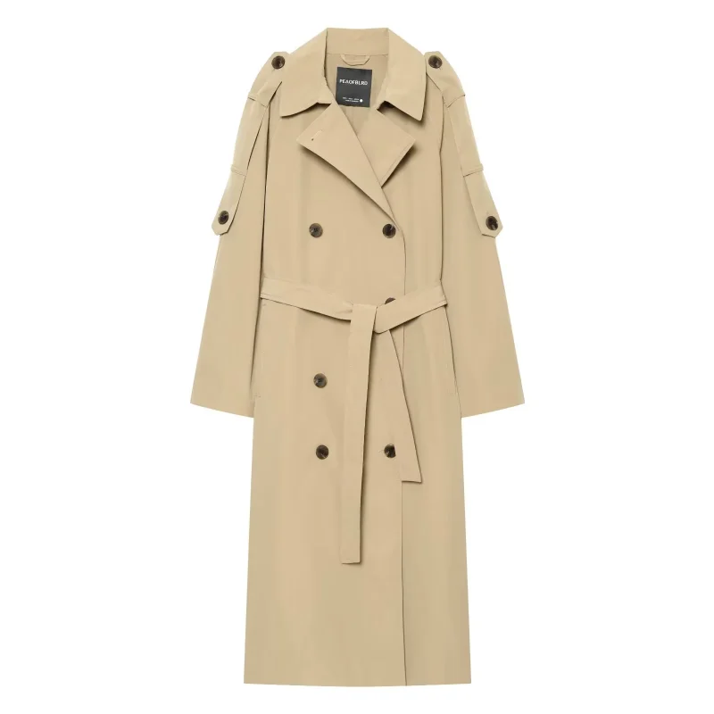 Klassischer Damen-Doppelreihiger Trenchcoat mit Reverskragen, Gürtel in der Taille, langer Windbreaker-Mantel, lässige Oberbekleidung für Bürodamen.