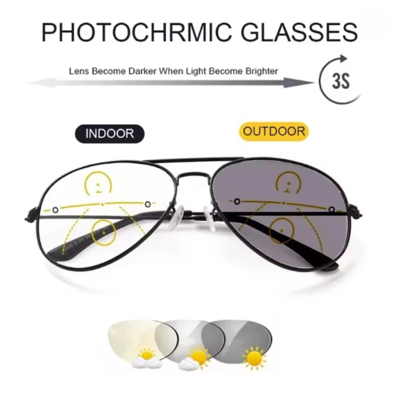 Sportliche Intelligente Photochrome Progressive Multifokale Lesebrille für Herren Luxuriöse Fertige Nah- und Fernsicht-Sonnenbrille 1,0-4,0