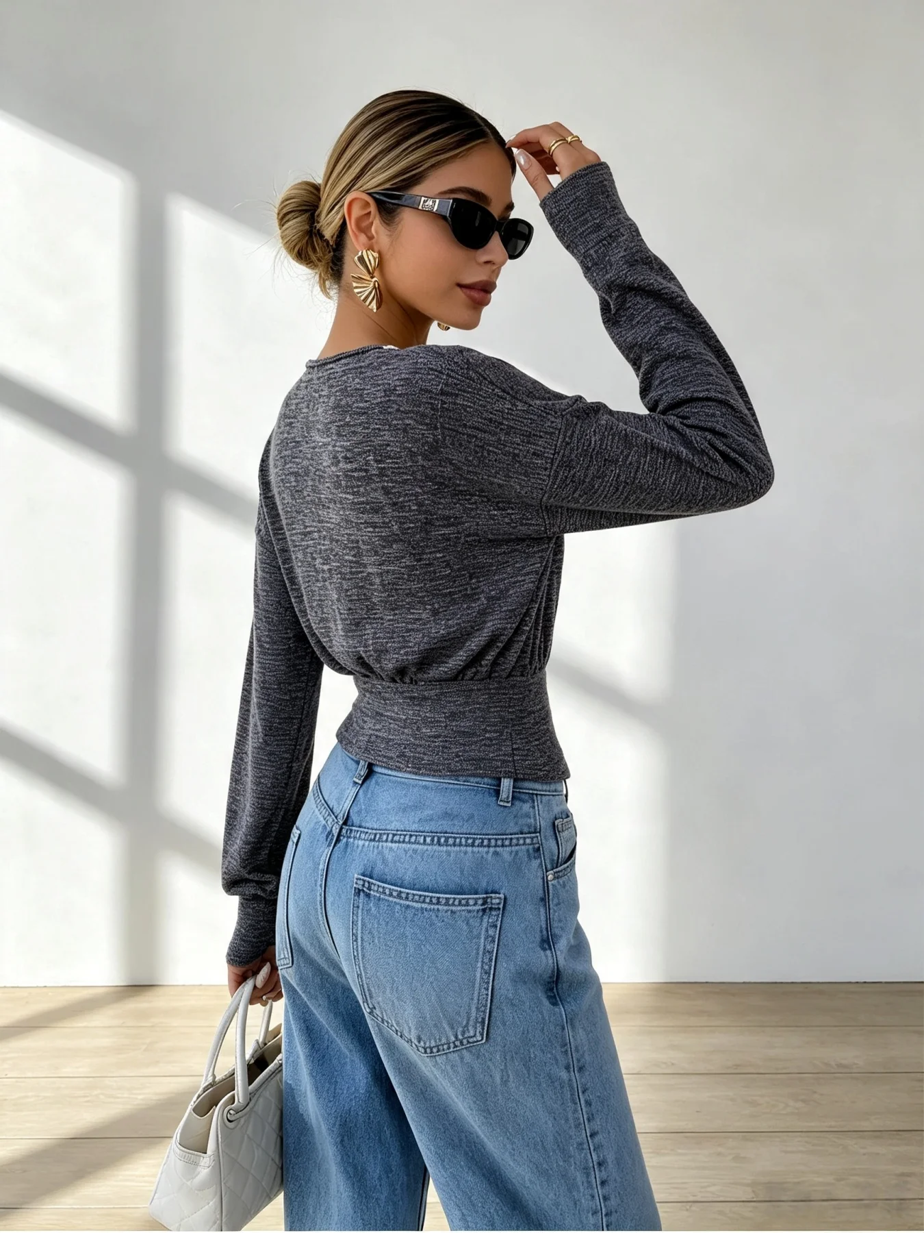 Women Lace Trim Wrap V Neck Long Sleeve Crop Top Heathered Slim Waist Casual Blouse Spring Autumn T-shirt