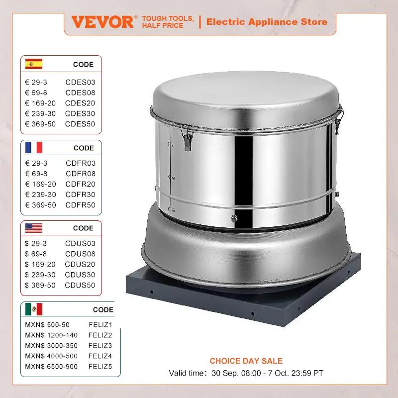 VEVOR 1400/2400 CFM Roof Fan Up-blast Restaurant Exhaust Fans with High Speed 250W