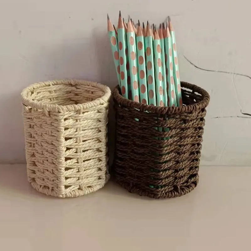 Korean Style Imitation Rattan Desk Organizer Multifunctional Pen Pencil Storage Basket For Student Office Stationery Arrangement