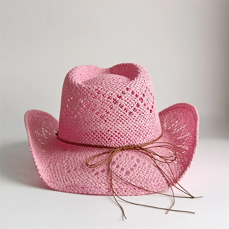 Pink Square Western Cowboy Hat for Women Men Classic Vintage Hollow Out Unisex Curled Wide Brim Sun Hat Elastic Sweatband Cap