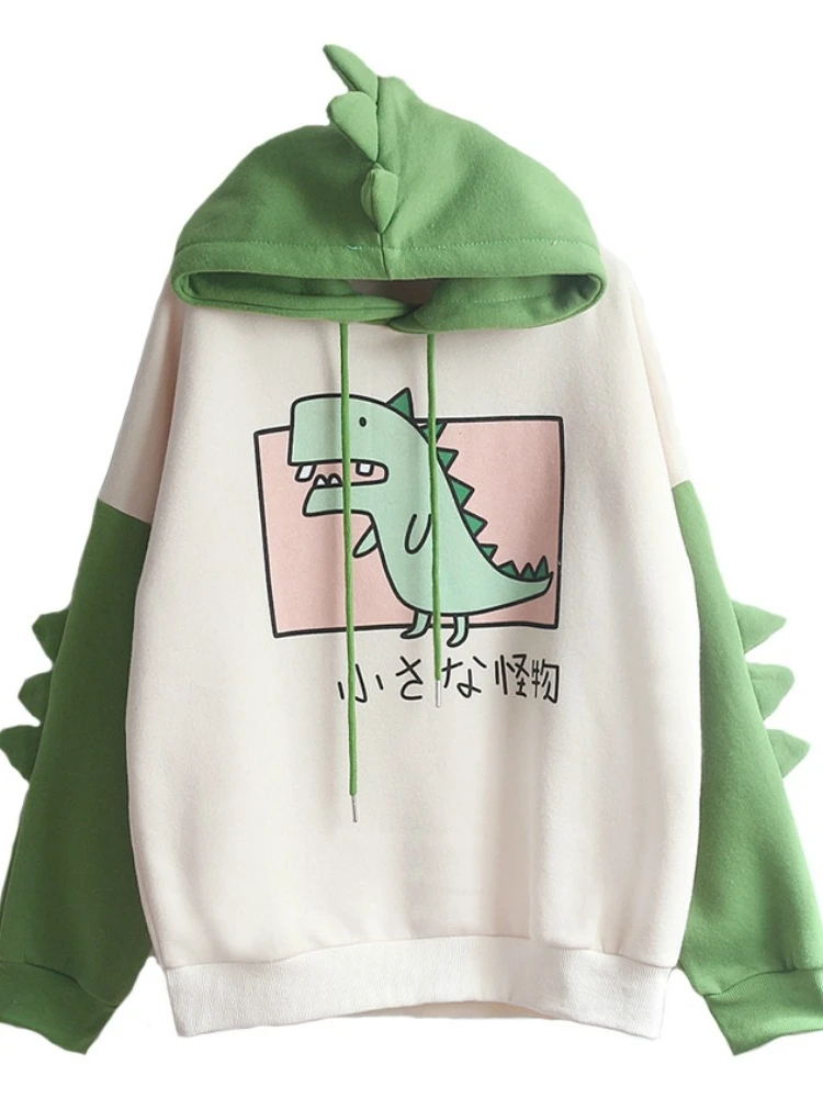 

Merry Pretty Women Dinosaur Sweatshirts Hooded Warm Fleece Hoodies Pullovers With Horns Harajuku Girls Teens Green Hoodie