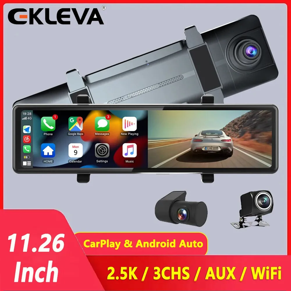 

EKLEVA 12 Inch 3 CHS 2.5K Dashcam Apple Carplay & Android Auto Support AUX Portable Rearview Mirror Camera Built in WIFI