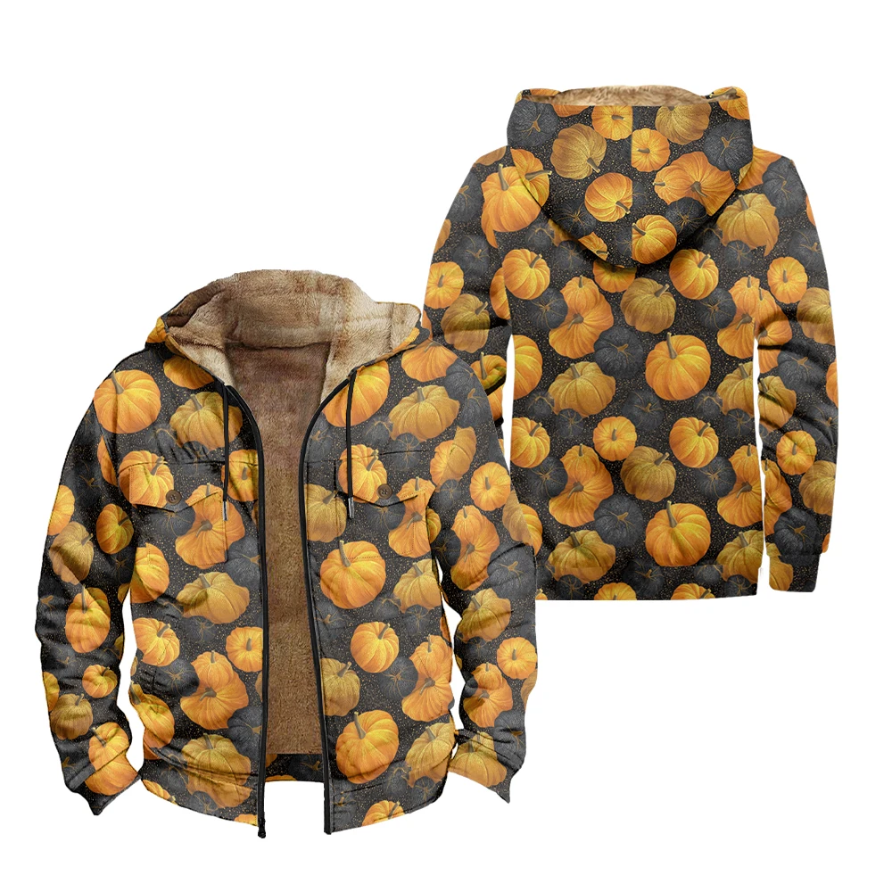 

Pumpkin Spider Web Print Men's Halloween Winter Hooded Coat Jackets Zip-Front Pocket Fall Costume Party Cozy Outerwear Trending