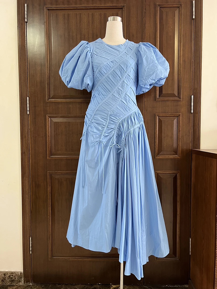 VGH Solid Spliced Drawstring Folds Designer Maxi Dress for Women O Neck Puff Sleeve High Waist Elegant Party Dresses Female New - Image 4