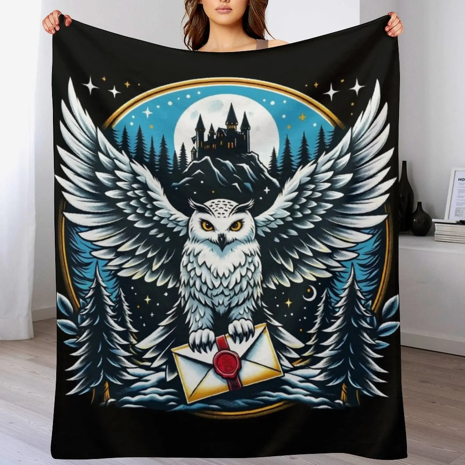 

An Owl Messenger in a Mystical Night - Fantasy Throw Blanket Shaggy Summer Bed linens funny gift Blankets